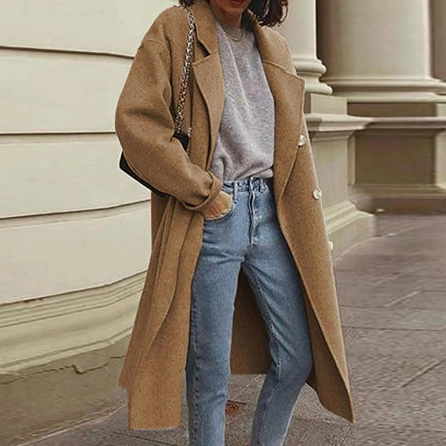 Pea Coats for Women Winter Wool Blend Camel Trench Coat Notch Lapel Double-Breasted Mid-Long Jacket Outwear