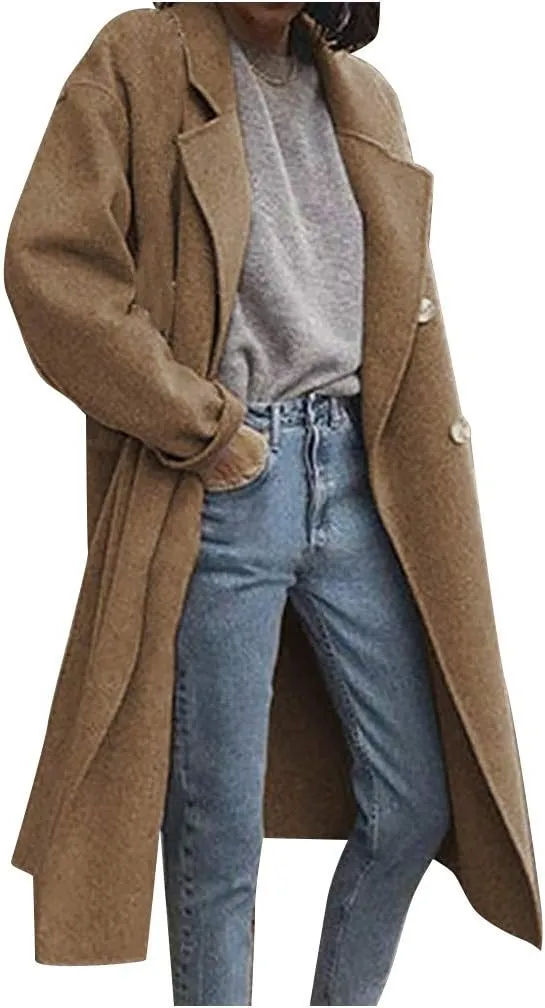 Pea Coats for Women Winter Wool Blend Camel Trench Coat Notch Lapel Double-Breasted Mid-Long Jacket Outwear