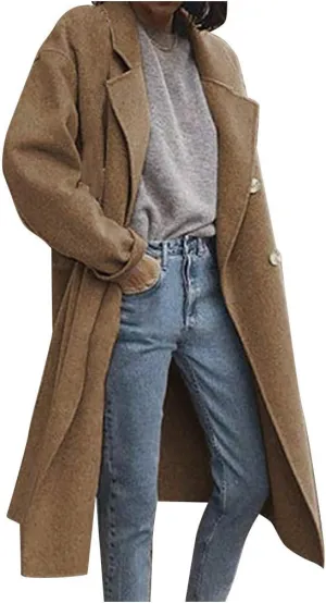 Pea Coats for Women Winter Wool Blend Camel Trench Coat Notch Lapel Double-Breasted Mid-Long Jacket Outwear