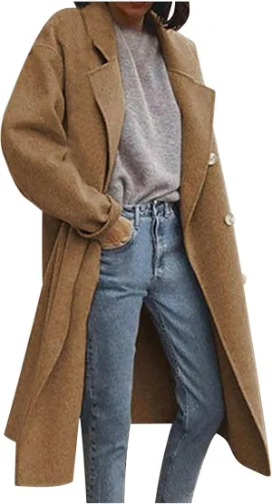 Pea Coats for Women Winter Wool Blend Camel Trench Coat Notch Lapel Double-Breasted Mid-Long Jacket Outwear