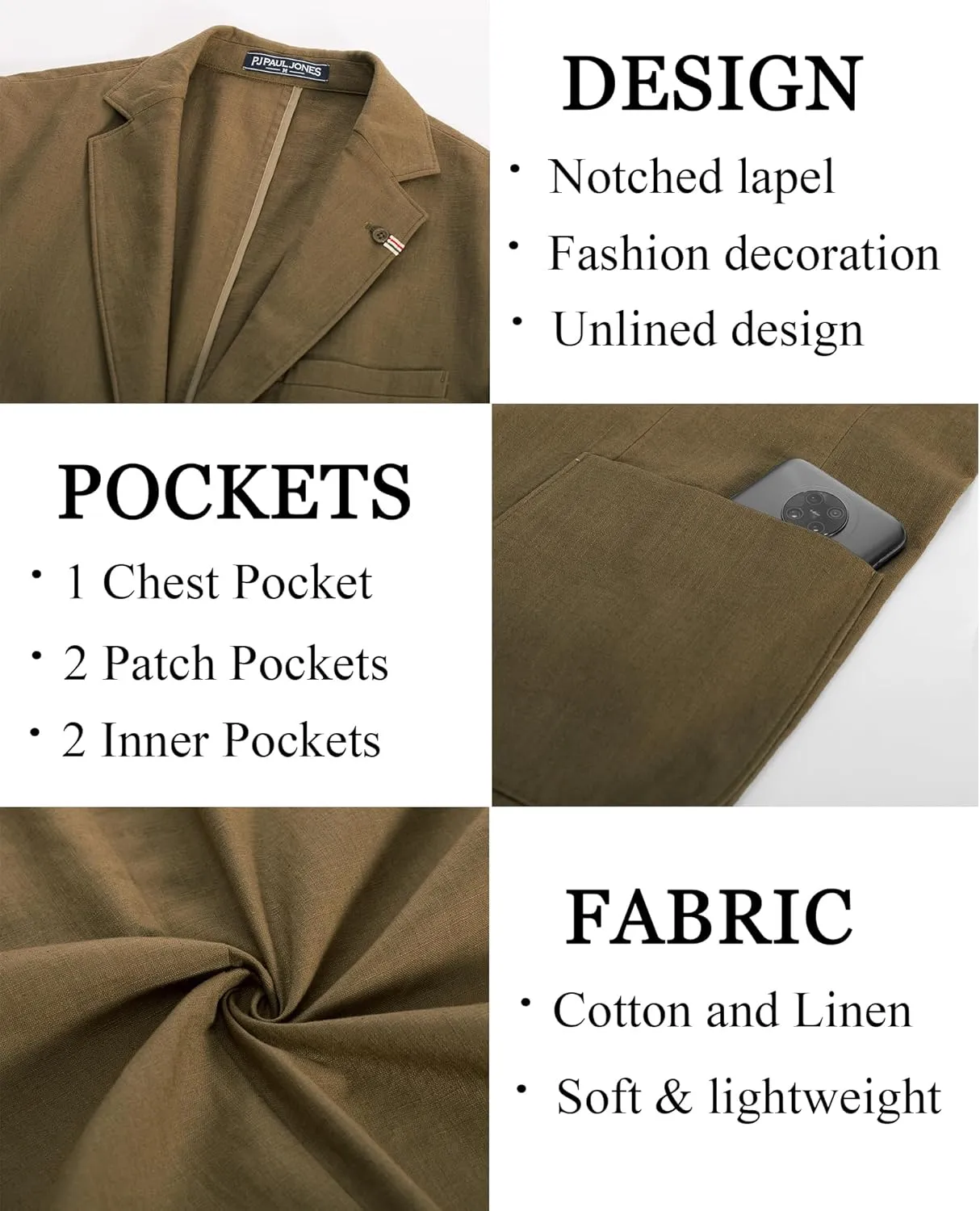 PJ PAUL JONES Mens Blazer Casual Cotton-Linen Sport Coat Lightweight 2 Button Unlined Suit Jackets
