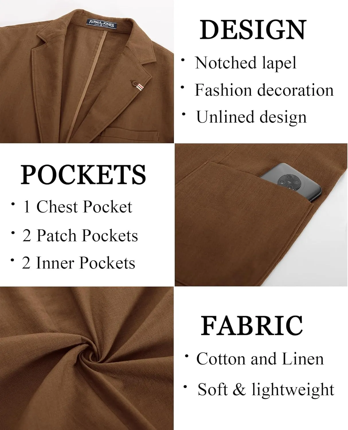 PJ PAUL JONES Mens Blazer Casual Cotton-Linen Sport Coat Lightweight 2 Button Unlined Suit Jackets