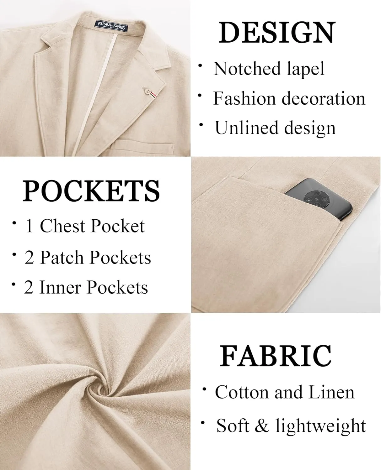 PJ PAUL JONES Mens Blazer Casual Cotton-Linen Sport Coat Lightweight 2 Button Unlined Suit Jackets