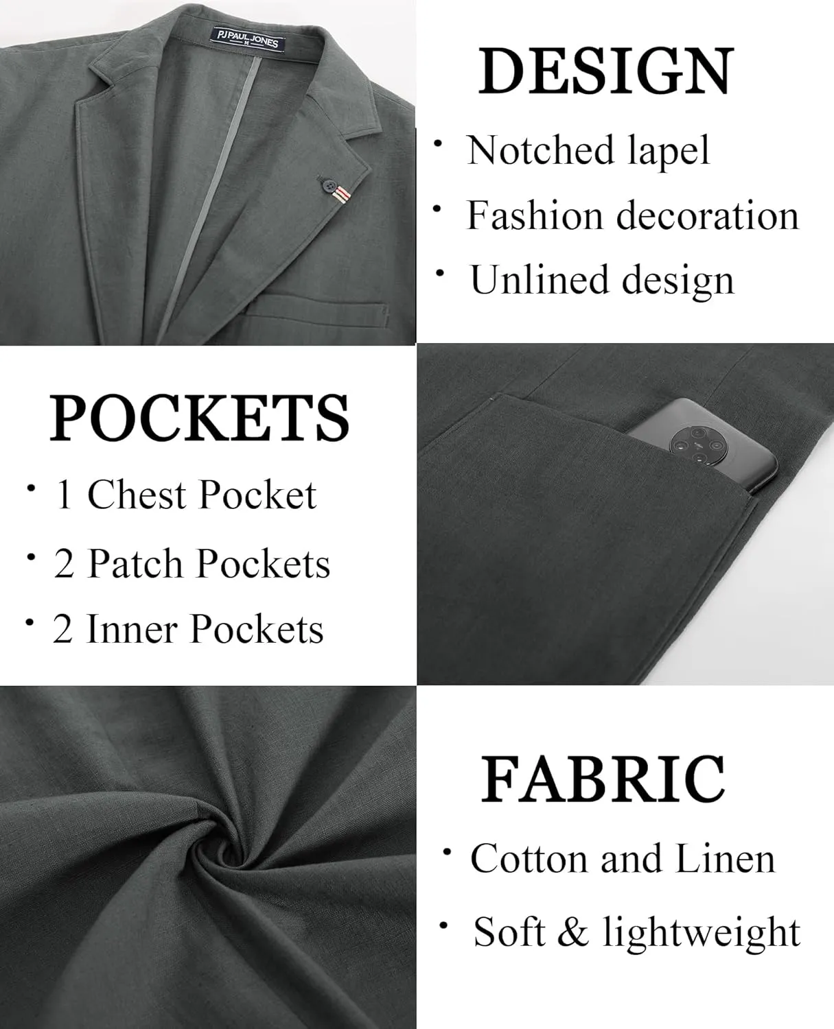 PJ PAUL JONES Mens Blazer Casual Cotton-Linen Sport Coat Lightweight 2 Button Unlined Suit Jackets