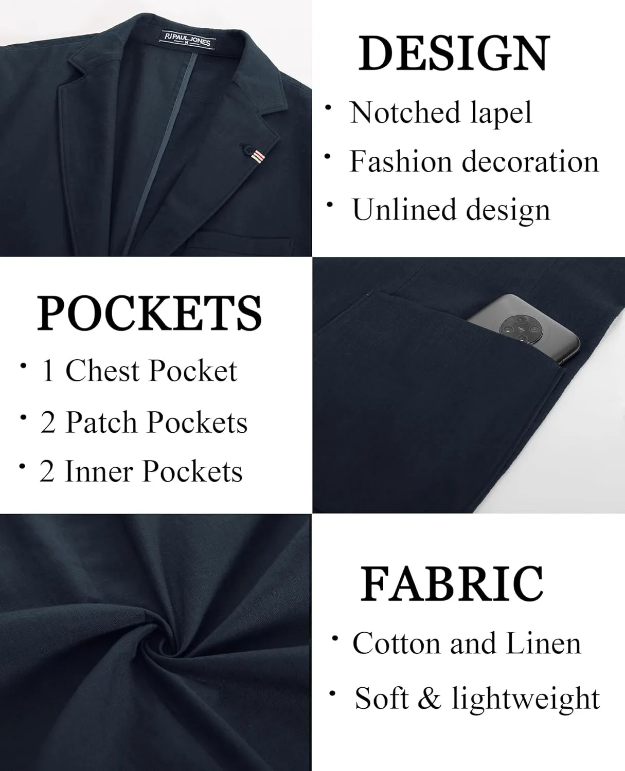 PJ PAUL JONES Mens Blazer Casual Cotton-Linen Sport Coat Lightweight 2 Button Unlined Suit Jackets