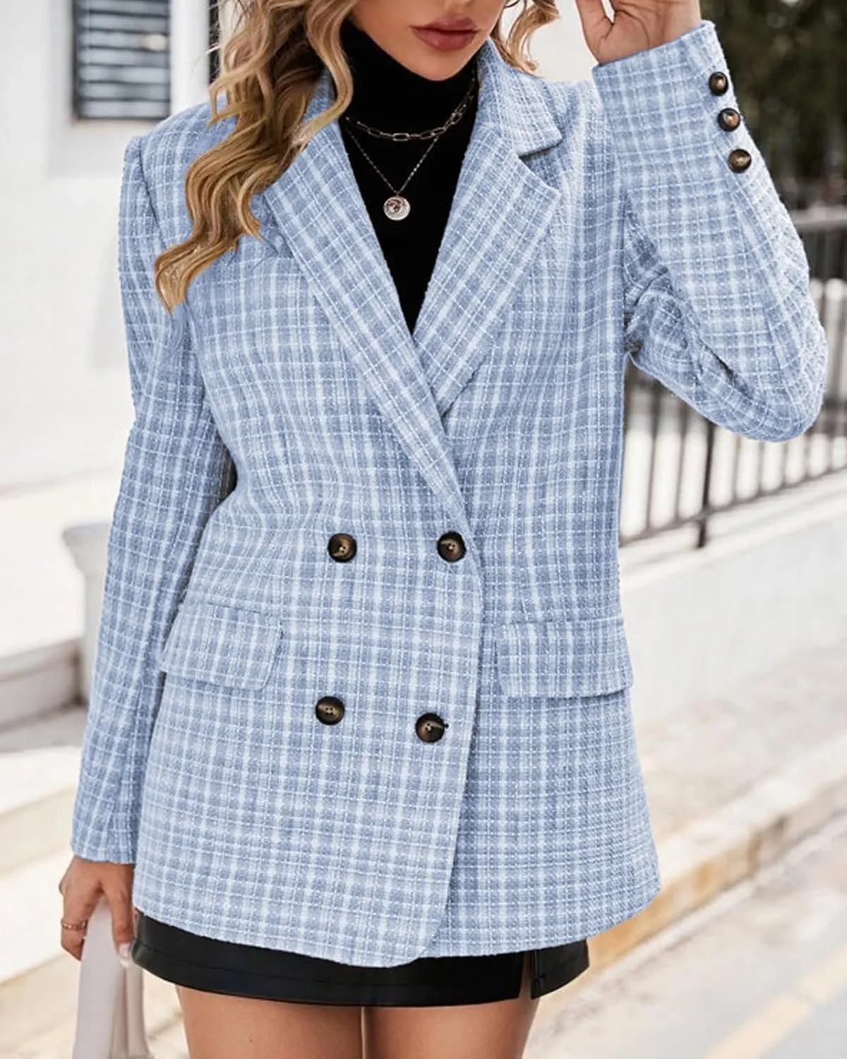 Plaid Tweed Blazer Jacket for Women 2024 Fashion Elegant Open Front Casual Work Office Pocket Suit Coat(S-XXL)