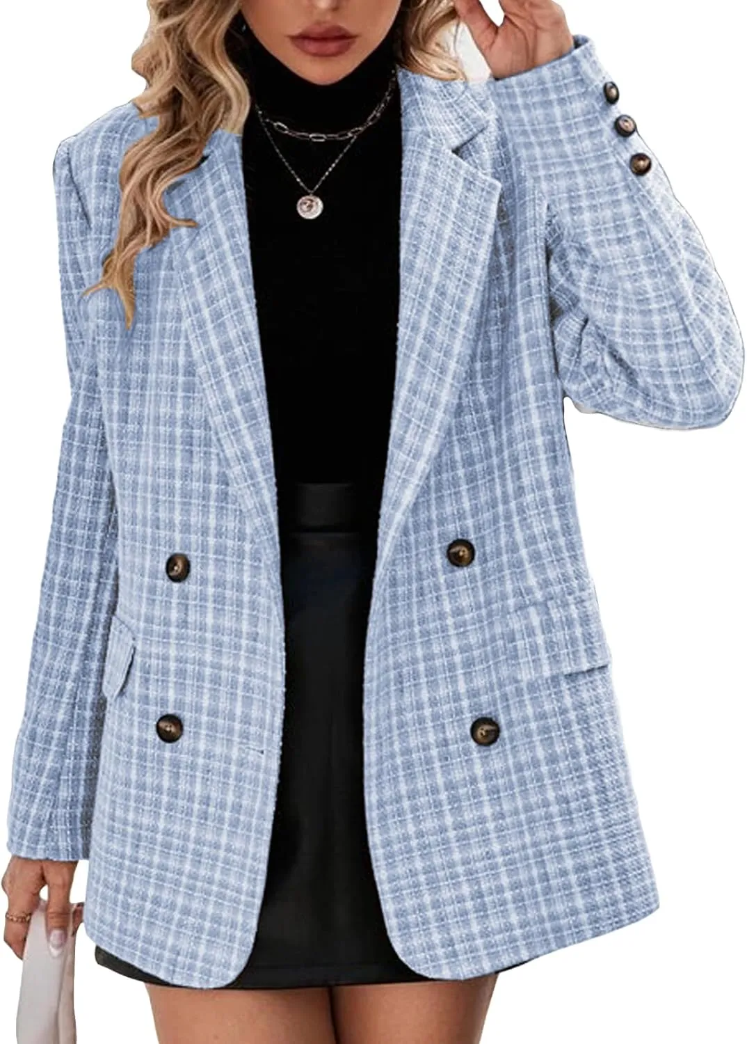 Plaid Tweed Blazer Jacket for Women 2024 Fashion Elegant Open Front Casual Work Office Pocket Suit Coat(S-XXL)