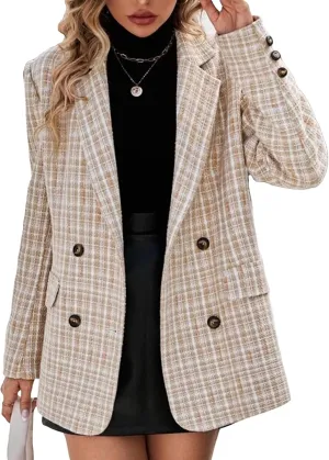 Plaid Tweed Blazer Jacket for Women 2024 Fashion Elegant Open Front Casual Work Office Pocket Suit Coat(S-XXL)