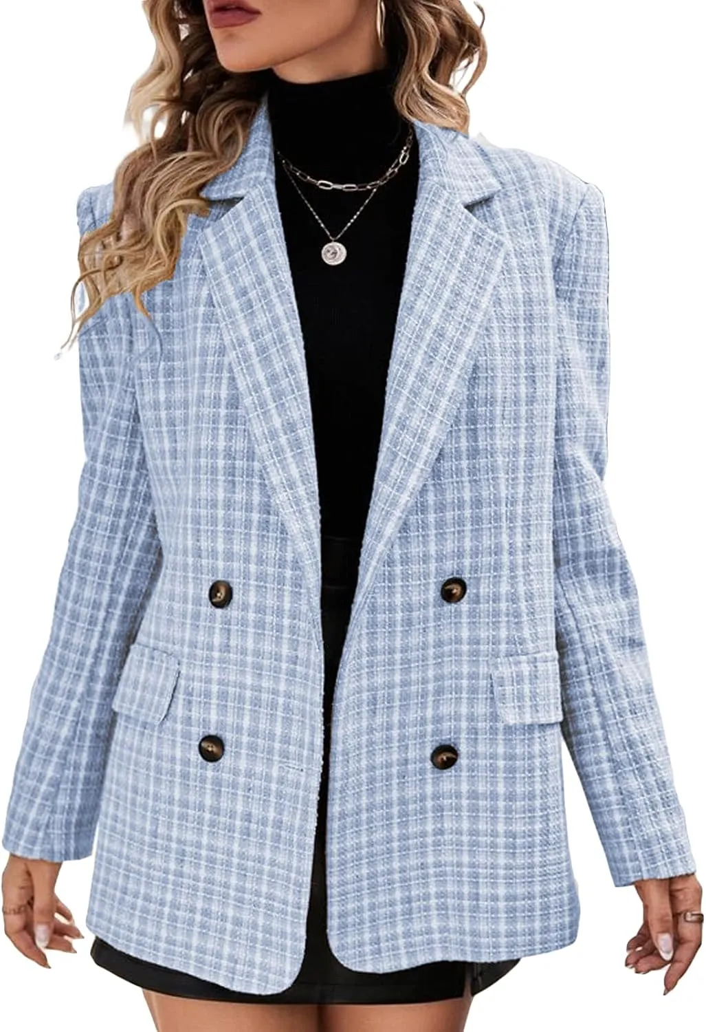 Plaid Tweed Blazer Jacket for Women 2024 Fashion Elegant Open Front Casual Work Office Pocket Suit Coat(S-XXL)