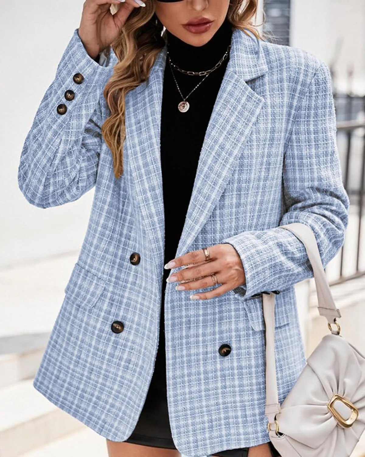 Plaid Tweed Blazer Jacket for Women 2024 Fashion Elegant Open Front Casual Work Office Pocket Suit Coat(S-XXL)