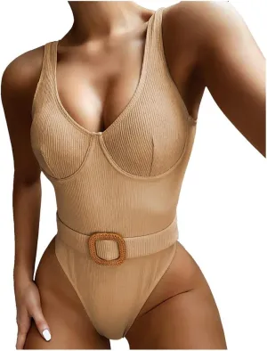 PTOLOCIF Women's One Piece Swimsuit Sports Adjustable Strap Bathing Suit Color Block Ribbed High Cut Swimsuit Ladies Swimwear
