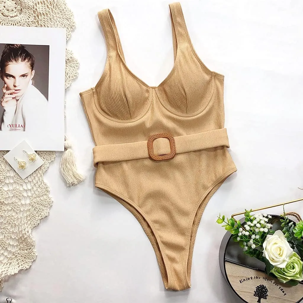 PTOLOCIF Women's One Piece Swimsuit Sports Adjustable Strap Bathing Suit Color Block Ribbed High Cut Swimsuit Ladies Swimwear