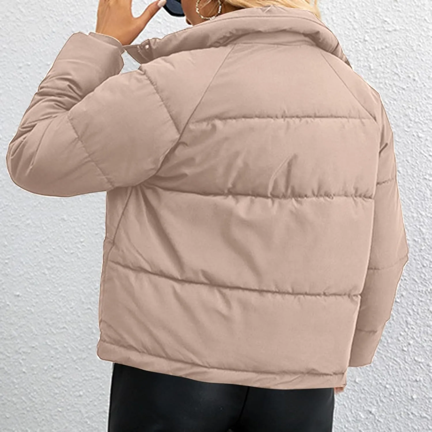 Puffer Jacket Womens Stand Collar Full-Zip Quilted Puffer Coat Thicken Warm Puffer Jacket Coats Cropped Down Coats