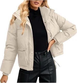 Puffer Jacket Womens Stand Collar Full-Zip Quilted Puffer Coat Thicken Warm Puffer Jacket Coats Cropped Down Coats