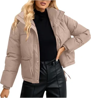 Puffer Jacket Womens Stand Collar Full-Zip Quilted Puffer Coat Thicken Warm Puffer Jacket Coats Cropped Down Coats
