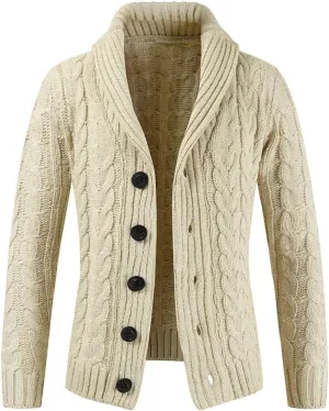 QWENTMTNTY Men's Shawl Collar Cardigan Sweaters Button Down Cable Knit Jackets Slim Fit V Neck Chunky Sweaters Outerwear