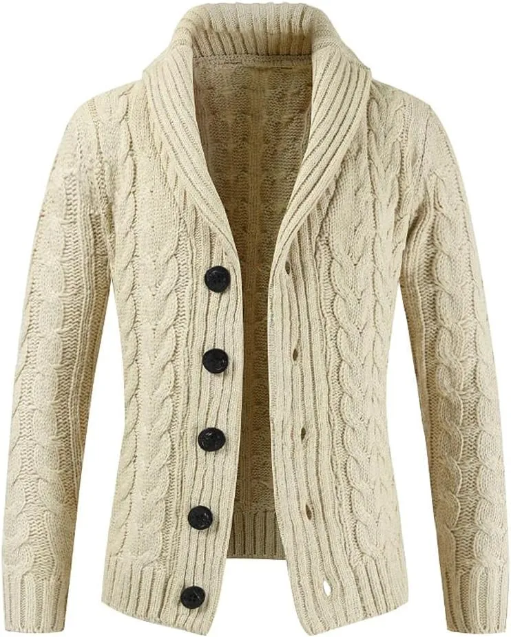QWENTMTNTY Men's Shawl Collar Cardigan Sweaters Button Down Cable Knit Jackets Slim Fit V Neck Chunky Sweaters Outerwear