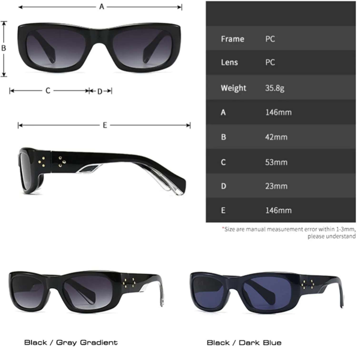 Rectangle Rivets Men Punk Sunglasses Vintage Women Uv400