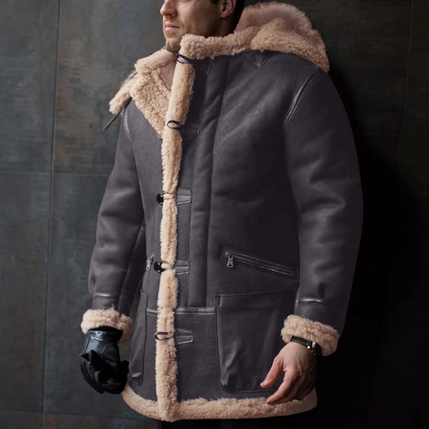 RTRDE Men's Coats Trench Coat Sherpa Fleece Lined Pea Coat Winter Warm Long Jacket Coats, M-3XL