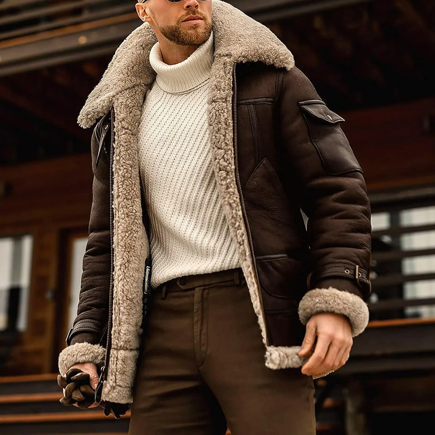 RTRDE Men's Winter Trench Coat Sherpa Lined Lapel Coat Long Jacket Outwear Coat Men, M-5XL