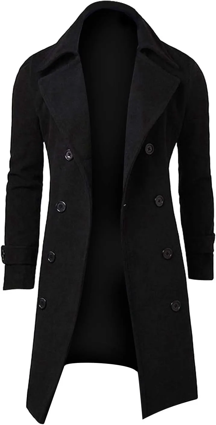 RTRDE Men's Winter Trench Coats Notched Lapel Double Breasted Long Jacket Overcoat Pea Coats Fashion, M-3XL