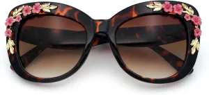 SA106 Womens Metal Flower Foliage Jewel Brow Trim Oversize Cat Eye Sunglasses
