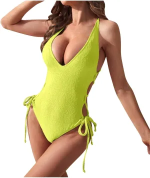 Sexy Deep v Neck One Piece Swimsuit Strappy Back Backless Biki Swimsuit Tie Side High Cut Tummy Control Bathing Suit