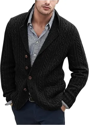 Shawl Collar Cardigan Men Slim Fit Long Sleeve Cable Knitted Buttons Cardigan Sweater Casual Winter Jacket Coats