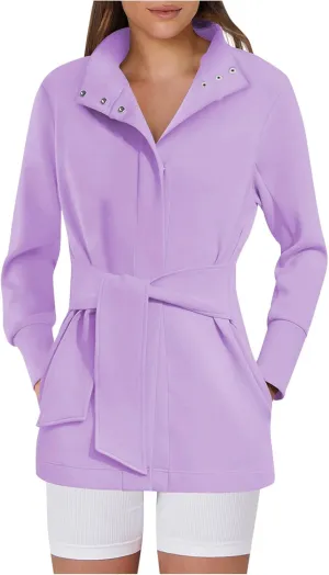 Sinzelimin Women’s Mid-Length Trench Coat with Belt Fashion Button up Stand Collar Long Sleeves Windbreaker Outwear & Jackets