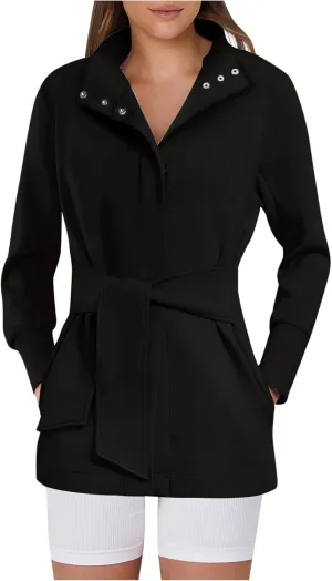 Sinzelimin Women’s Mid-Length Trench Coat with Belt Fashion Button up Stand Collar Long Sleeves Windbreaker Outwear & Jackets