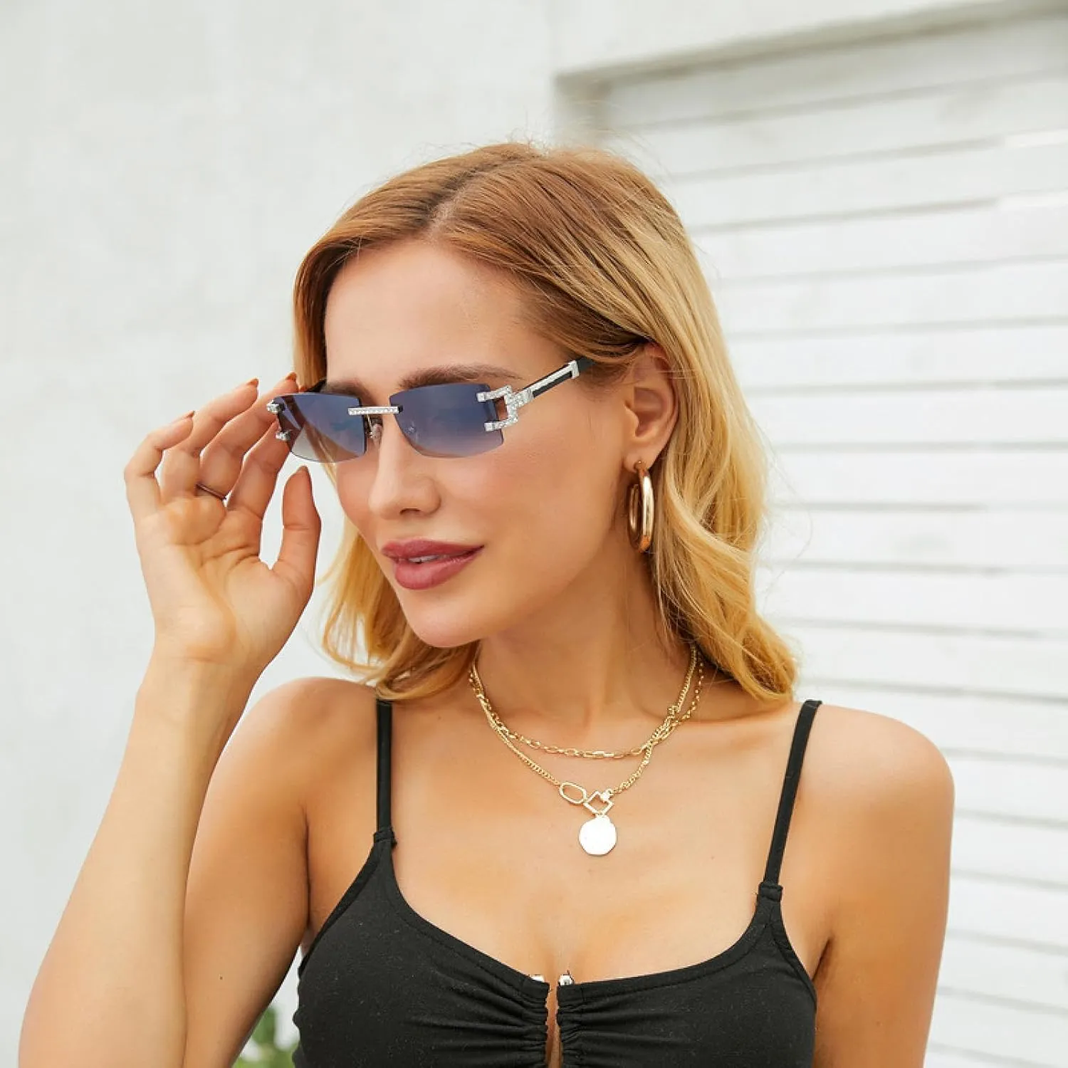 Small Rectangle Rimless Sunglasses for Women Vintage Luxury Men