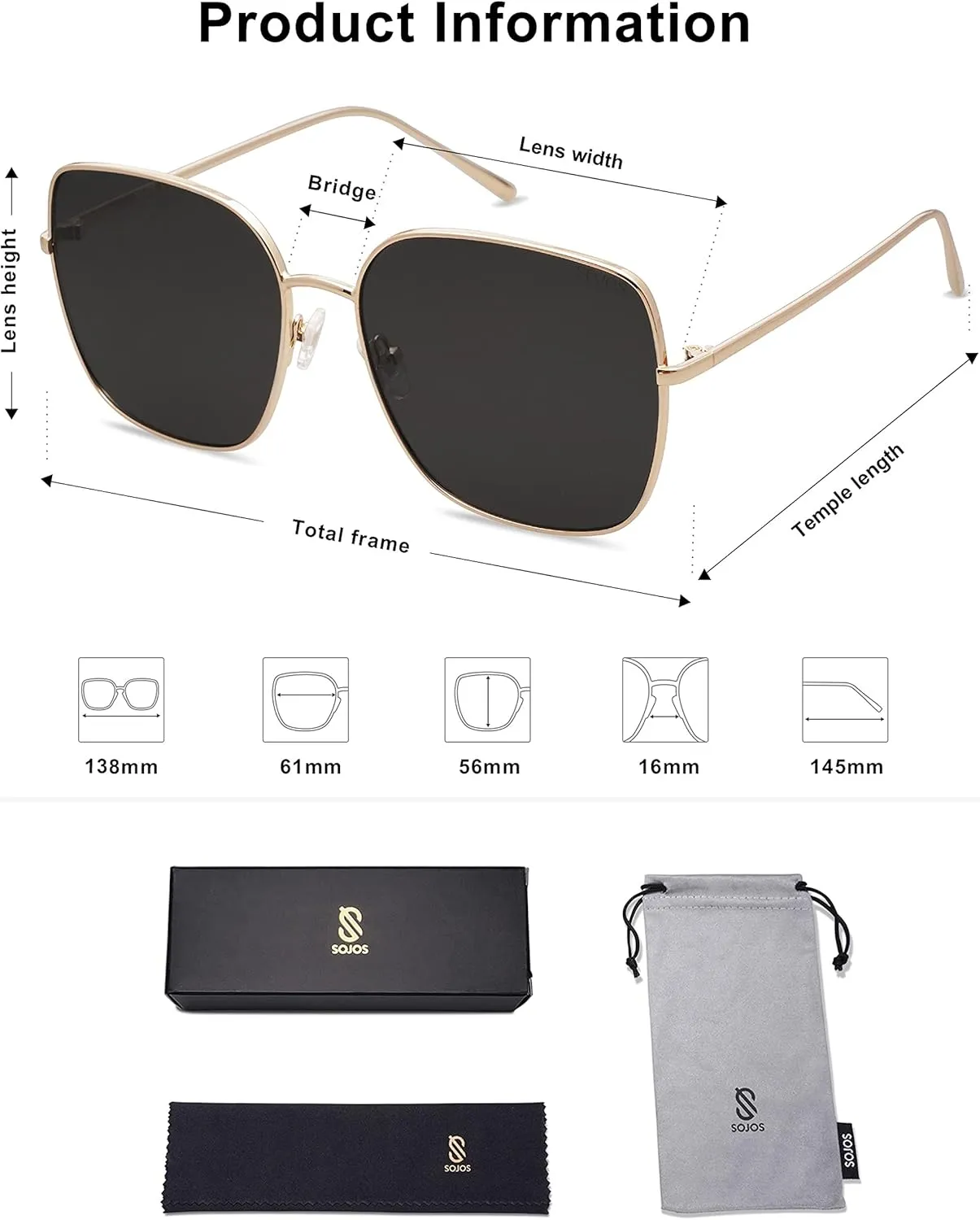 SOJOS Trendy Oversized Square Metal Frame Sunglasses for Women Men Retro Big Flat Lens UV Protection Sunglasses SJ1146