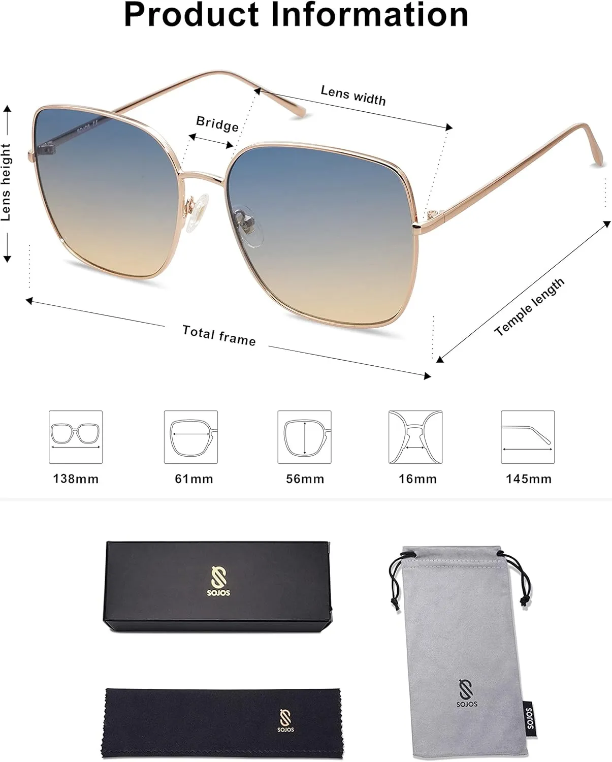 SOJOS Trendy Oversized Square Metal Frame Sunglasses for Women Men Retro Big Flat Lens UV Protection Sunglasses SJ1146