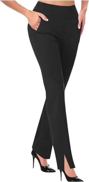 Split Hem Bootcut Pants for Women High Waist Tummy Control Running Yoga Leggings Stretch Workout Pants with Pockets