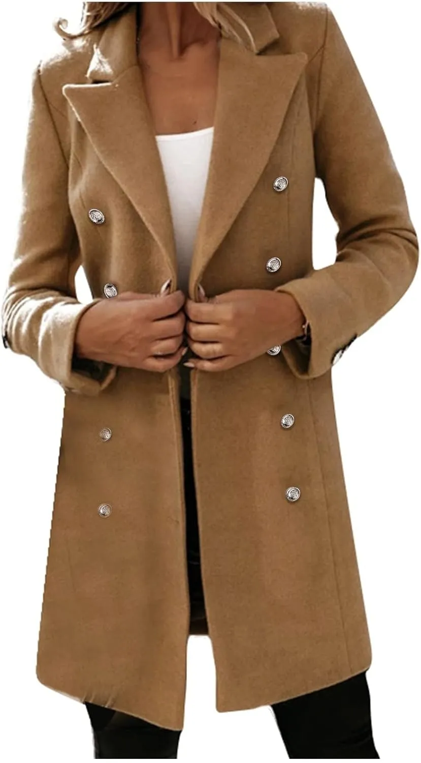 Trench Coat for Women Double Breasted Long Jacket Wool Blend Blazer Oversized Pea Coat Loose Fit Shirts Overcoat