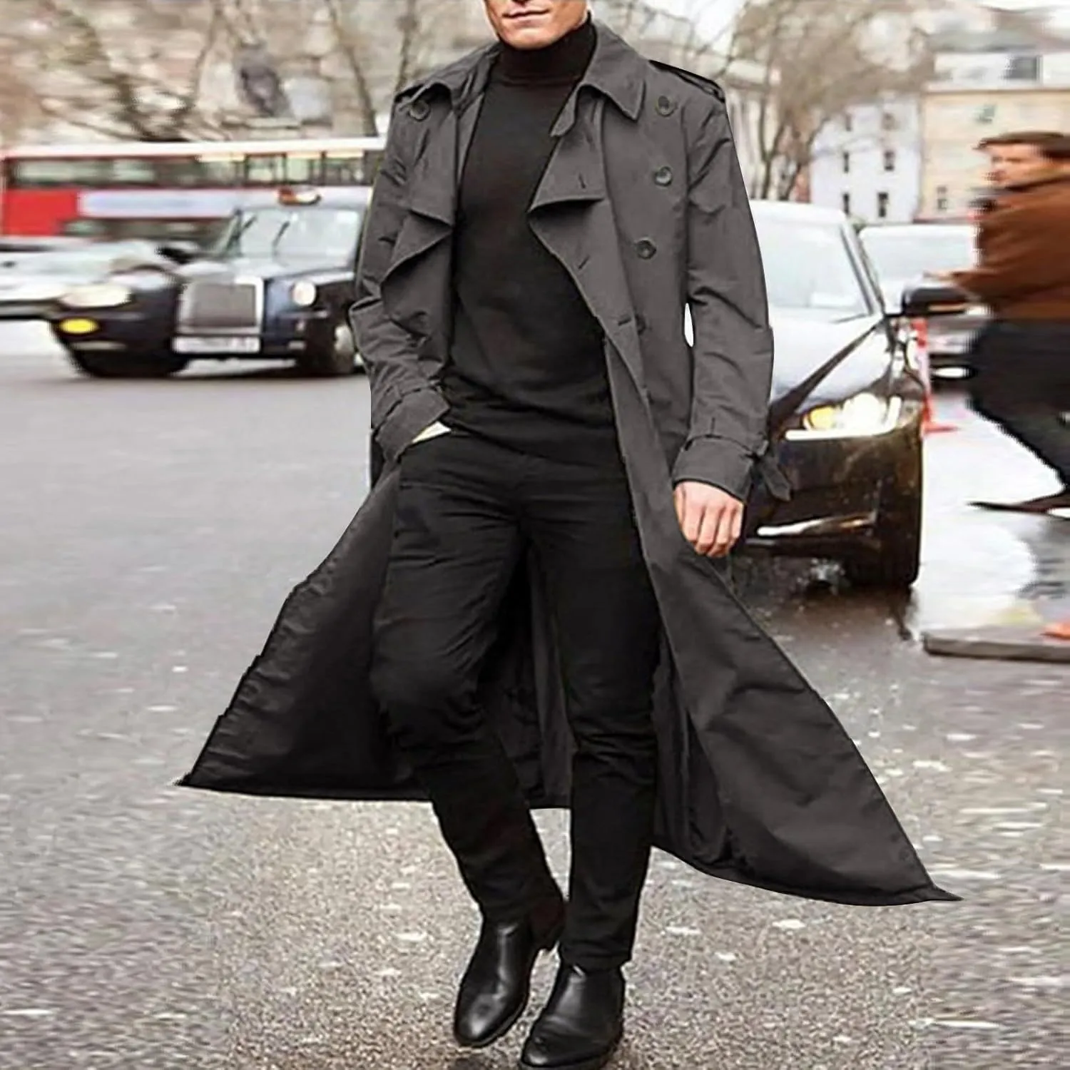Trench Coat Men Long Double Breasted Trench Coat Belted Lightweight Jacket Notched Lapel Jacket Windbreaker Overcoats