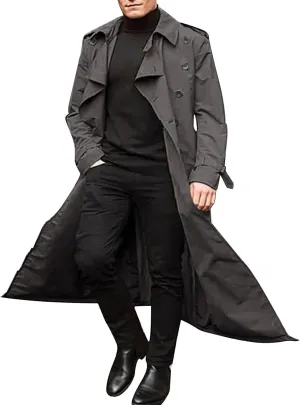 Trench Coat Men Long Double Breasted Trench Coat Belted Lightweight Jacket Notched Lapel Jacket Windbreaker Overcoats