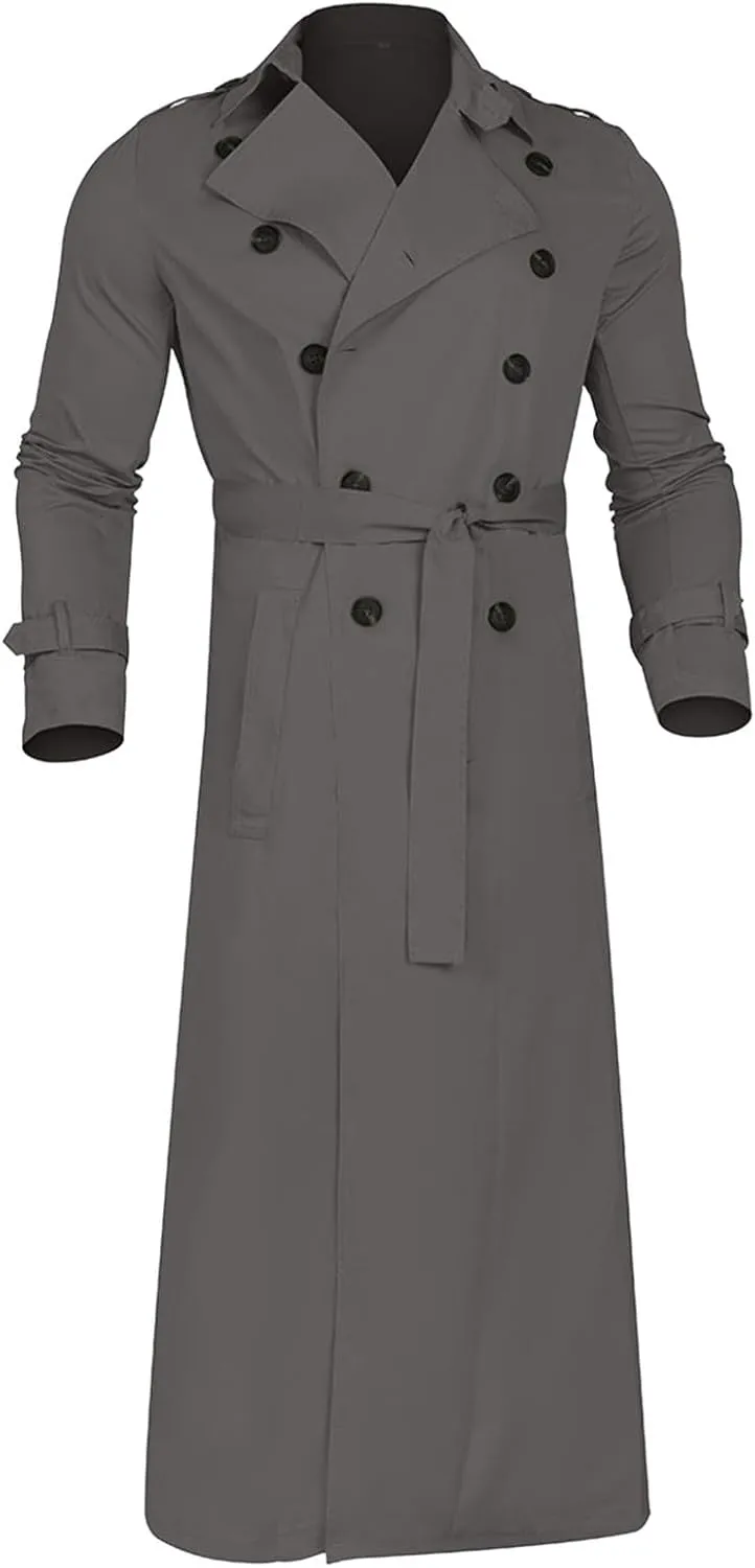 Trench Coat Men Long Double Breasted Trench Coat Belted Lightweight Jacket Notched Lapel Jacket Windbreaker Overcoats
