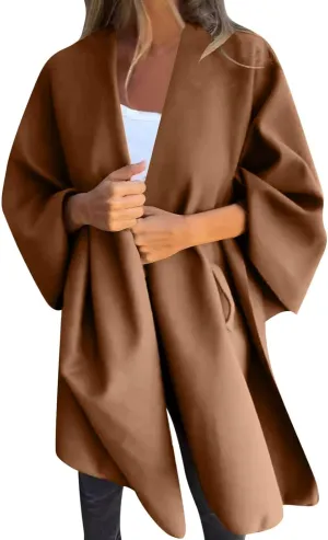 Trench Coat Women Oversized Cardigans V Neck Bat Sleeve Jackets Solid Color Fall Pea Coats Windproof Overcoat