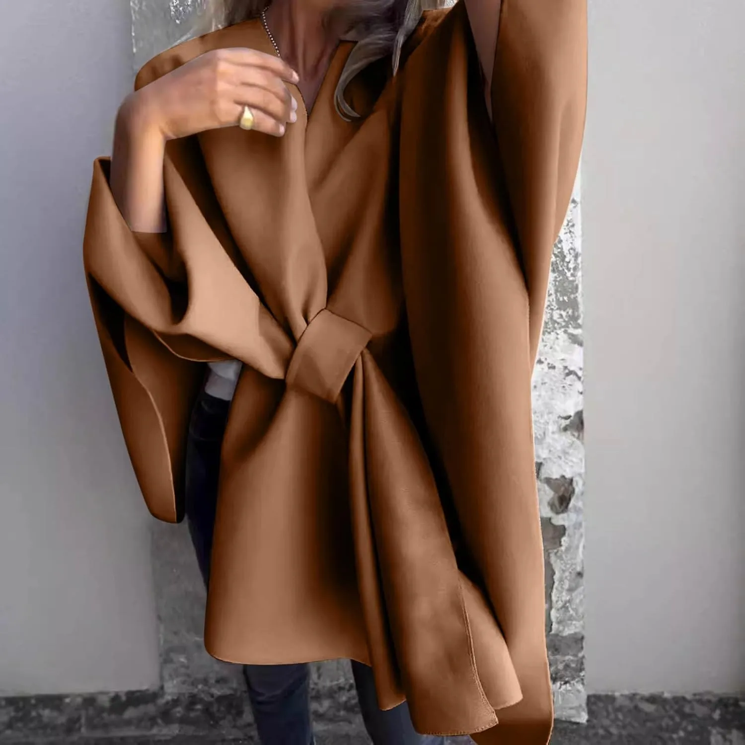 Trench Coat Women Oversized Cardigans V Neck Bat Sleeve Jackets Solid Color Fall Pea Coats Windproof Overcoat