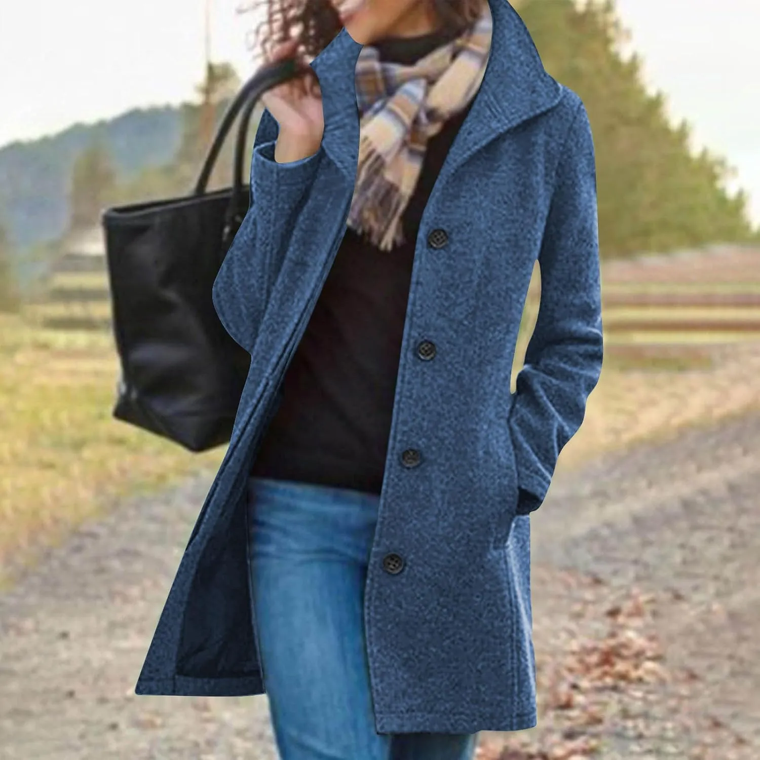 Trench Coat Women Winter Wool Pea Coat Stand Collar Single Breasted Jacket Casual Thicken Overcoat with Pockets
