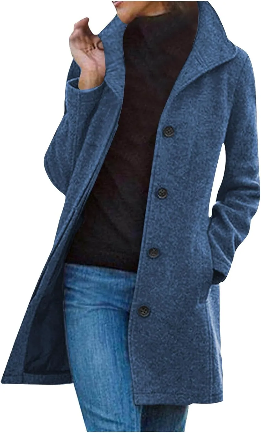Trench Coat Women Winter Wool Pea Coat Stand Collar Single Breasted Jacket Casual Thicken Overcoat with Pockets