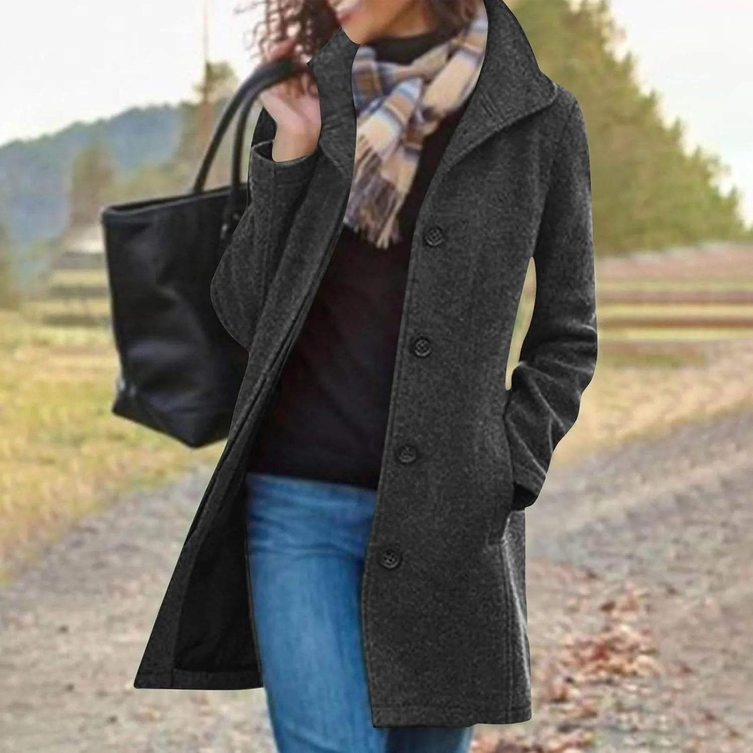 Trench Coat Women Winter Wool Pea Coat Stand Collar Single Breasted Jacket Casual Thicken Overcoat with Pockets