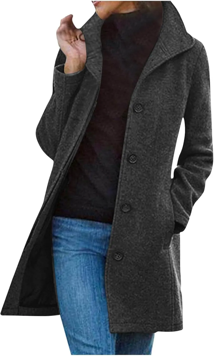 Trench Coat Women Winter Wool Pea Coat Stand Collar Single Breasted Jacket Casual Thicken Overcoat with Pockets