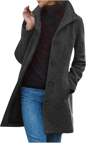 Trench Coat Women Winter Wool Pea Coat Stand Collar Single Breasted Jacket Casual Thicken Overcoat with Pockets