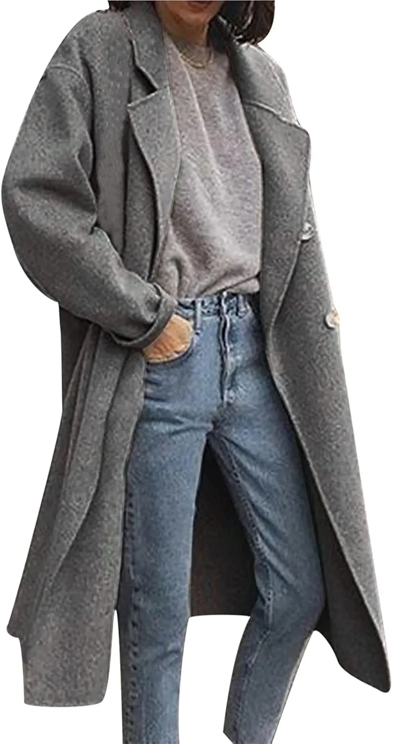 Trench Coats for Women Winter Wool Blend Camel Mid-Long Coat Double-Breasted Notch Lapel Collared Jackets Outwear