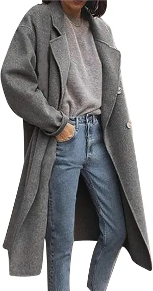 Trench Coats for Women Winter Wool Blend Camel Mid-Long Coat Double-Breasted Notch Lapel Collared Jackets Outwear
