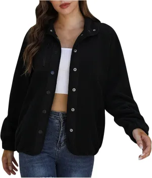 tuduoms Women's Fashion Sherpa Fleece Jacket Fuzzy Long Sleeve Casual Button Up Cropped Bomber Coat Winter Warm Sweatshirt