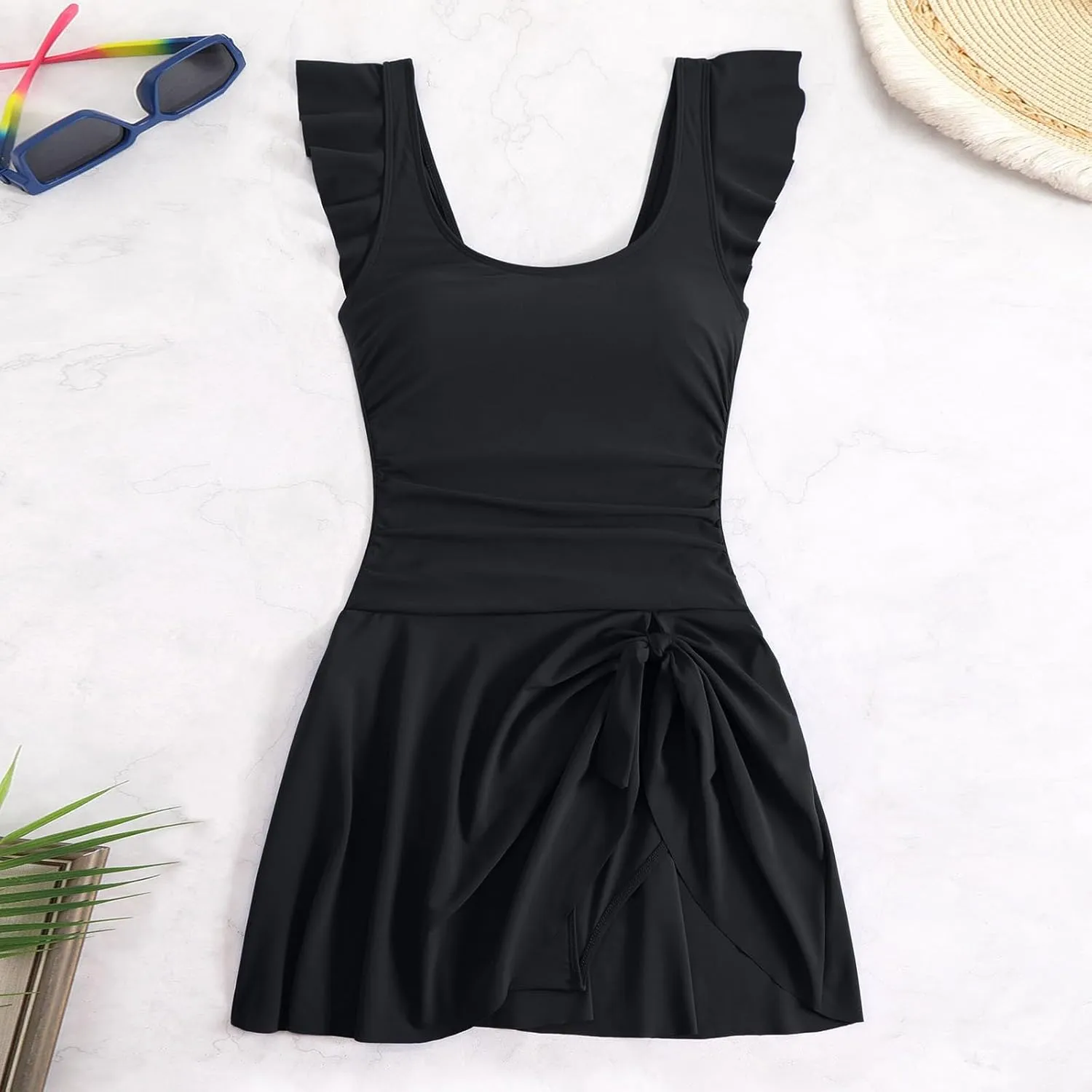 TUQIDEWU Tummy Control Swimsuits for Women One Piece Swimsuit Women Ruffled Sleeve Backless Tie Knot Slim Fit Swim Dresses