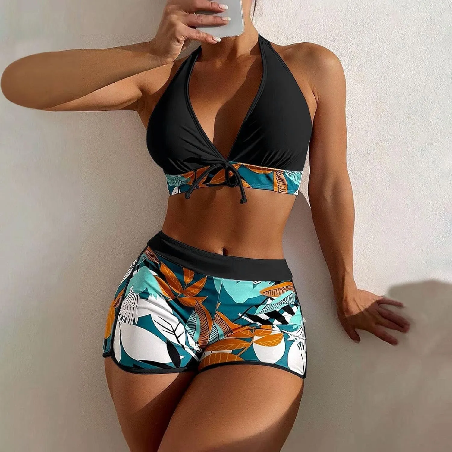 Two Piece Swimsuit for Women,2024 Summer Sexy Halter Tie Bikini Sets,Trendy Print Tropical High Waisted Swim Shorts